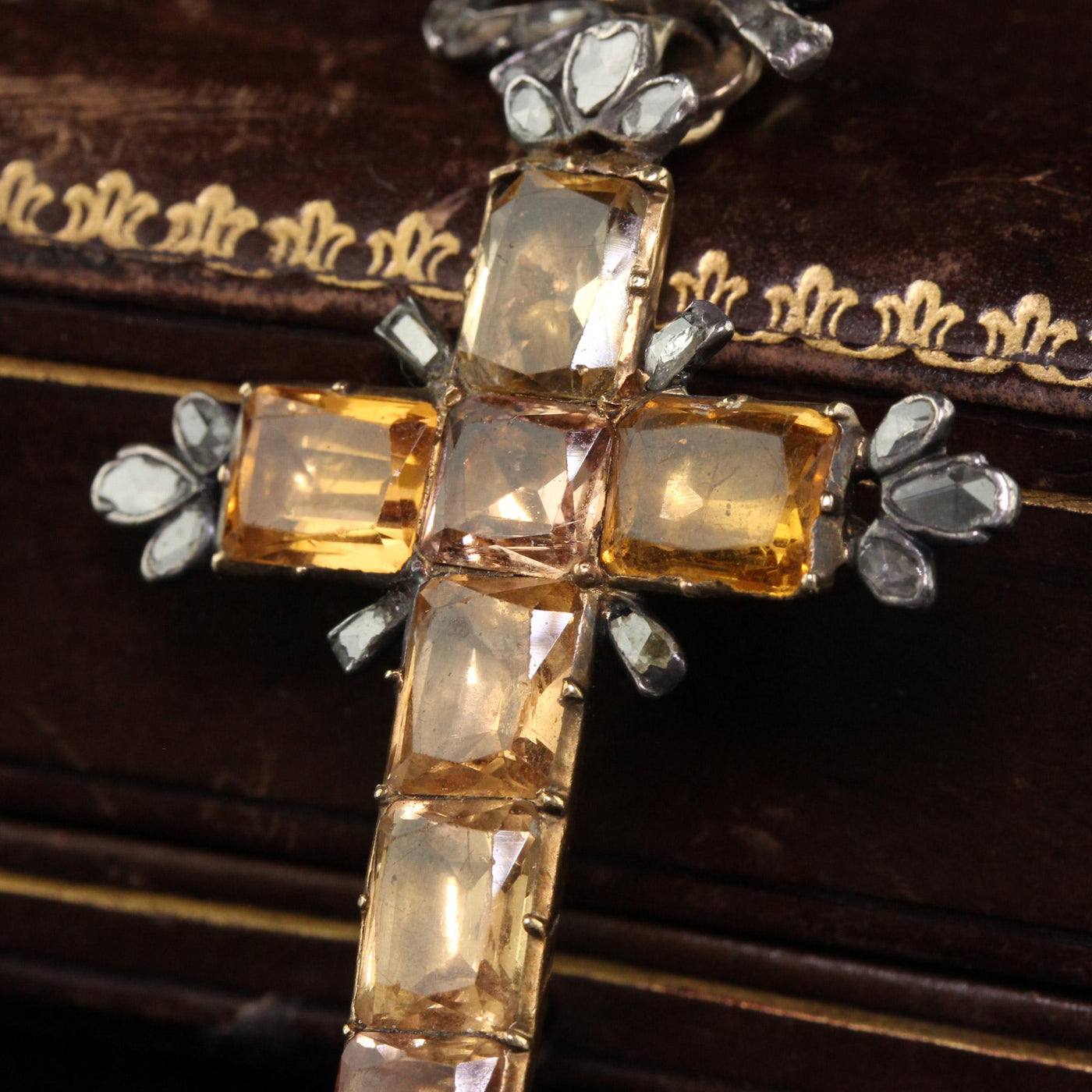 Antique Georgian 18K Gold and Silver Citrine Rose Cut Diamond Cross Pendant