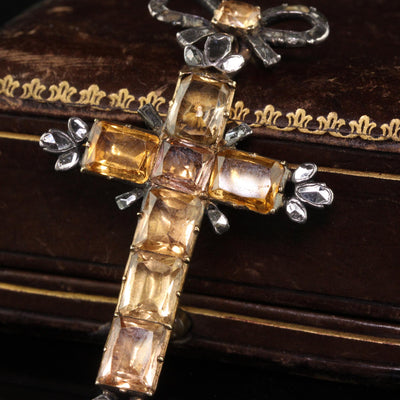 Antique Georgian 18K Gold and Silver Citrine Rose Cut Diamond Cross Pendant