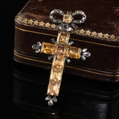 Antique Georgian 18K Gold and Silver Citrine Rose Cut Diamond Cross Pendant