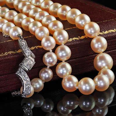 Antique French Art Deco Platinum Old Euro Diamond Akoya Pearl Strand Necklace