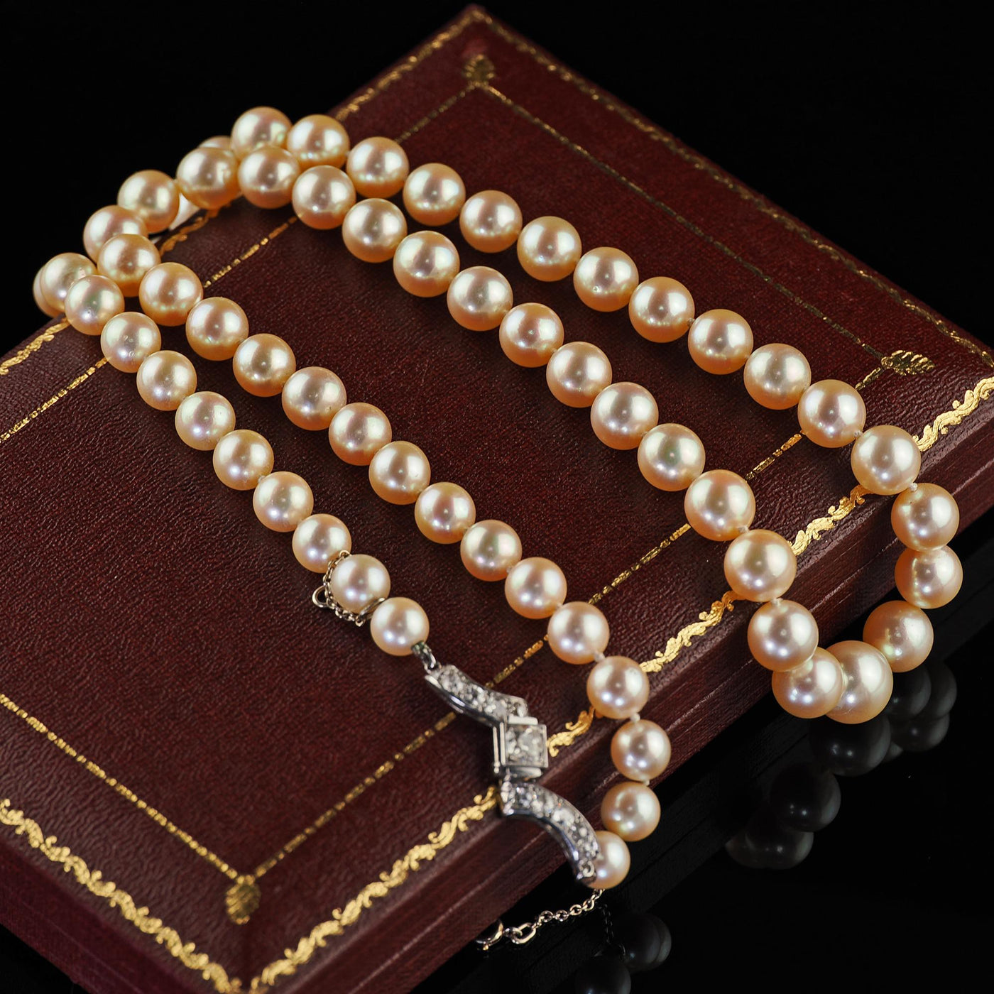 Antique French Art Deco Platinum Old Euro Diamond Akoya Pearl Strand Necklace