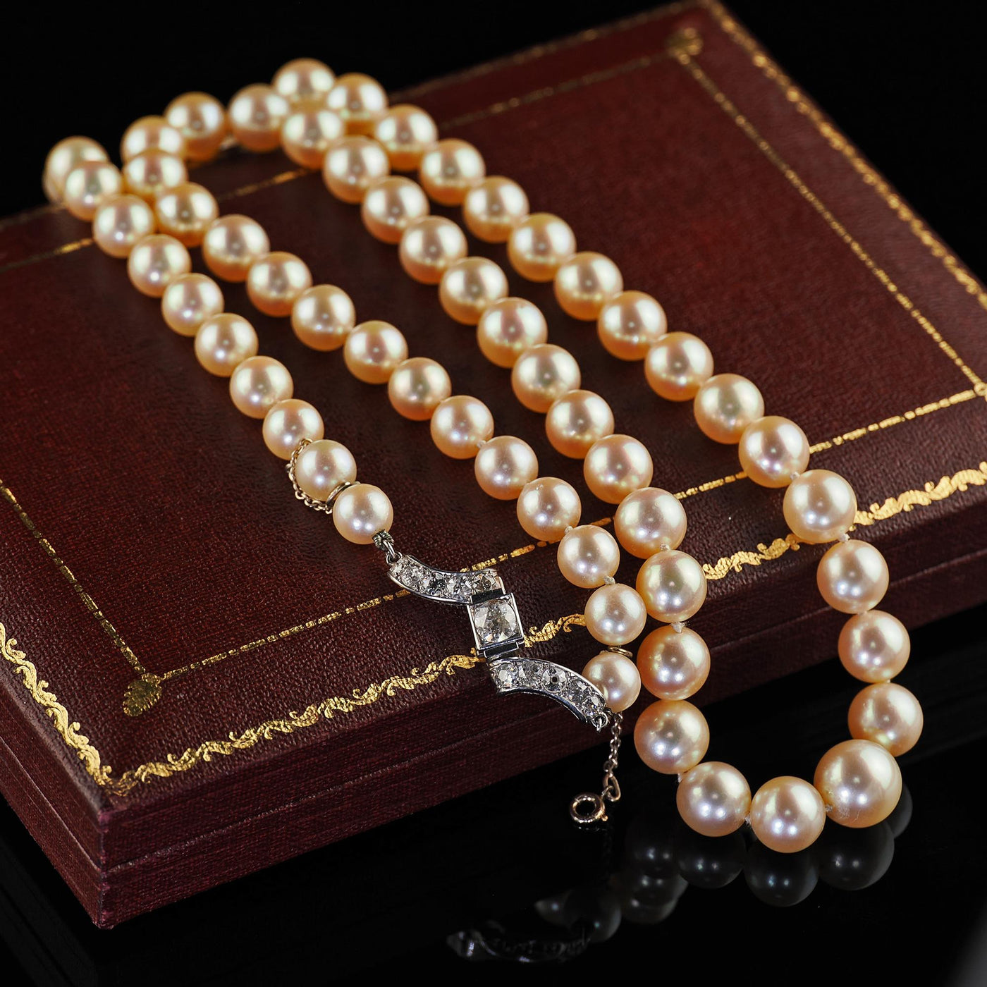 Antique French Art Deco Platinum Old Euro Diamond Akoya Pearl Strand Necklace