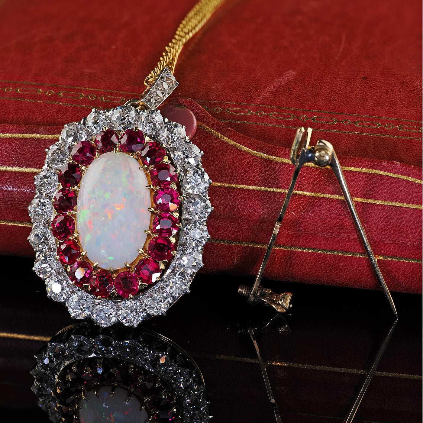 Antique Edwardian Kirkpatrick Co 18K Gold Platinum Opal Diamond Ruby Pin Pendant