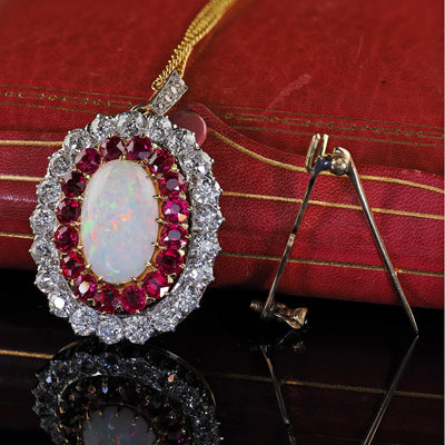 Antique Edwardian Kirkpatrick Co 18K Gold Platinum Opal Diamond Ruby Pin Pendant