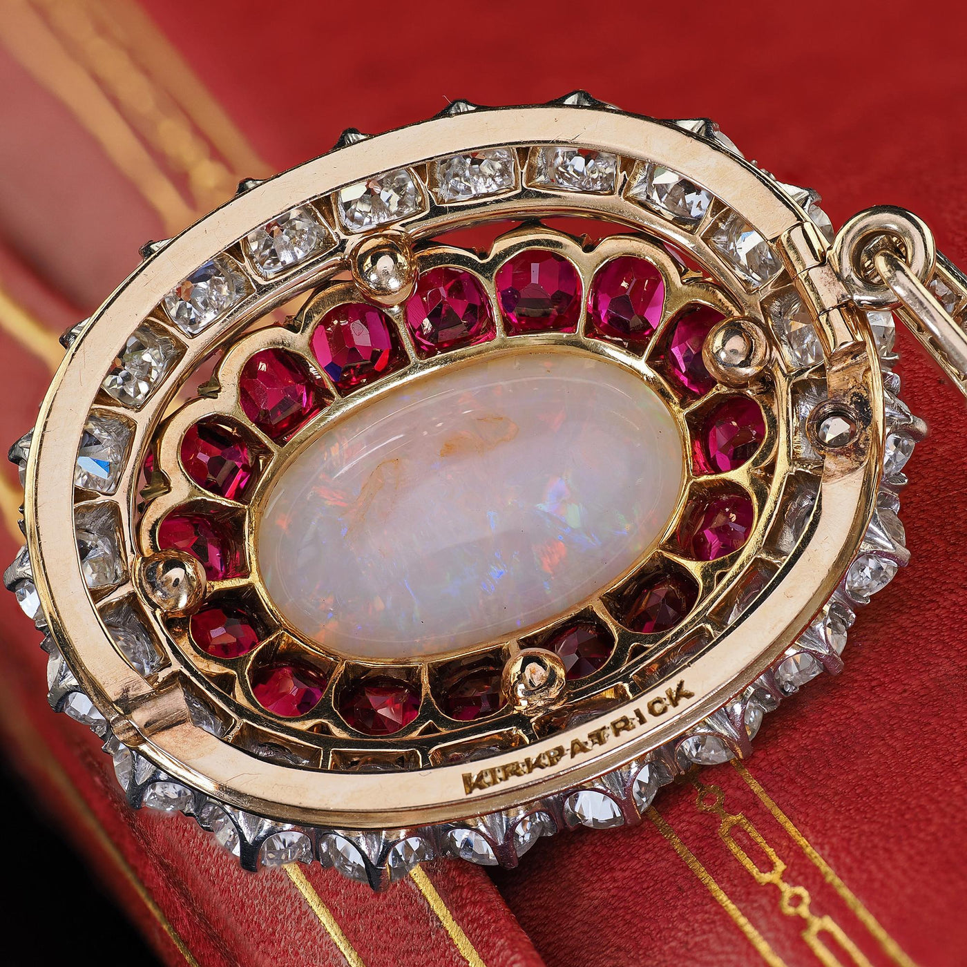 Antique Edwardian Kirkpatrick Co 18K Gold Platinum Opal Diamond Ruby Pin Pendant