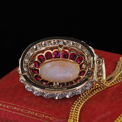 Antique Edwardian Kirkpatrick Co 18K Gold Platinum Opal Diamond Ruby Pin Pendant