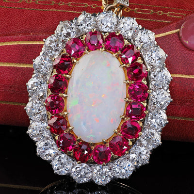 Antique Edwardian Kirkpatrick Co 18K Gold Platinum Opal Diamond Ruby Pin Pendant