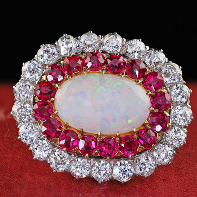 Antique Edwardian Kirkpatrick Co 18K Gold Platinum Opal Diamond Ruby Pin Pendant