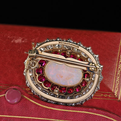 Antique Edwardian Kirkpatrick Co 18K Gold Platinum Opal Diamond Ruby Pin Pendant