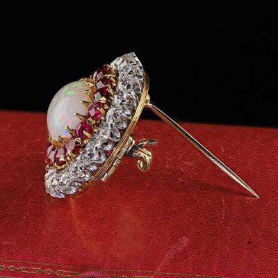 Antique Edwardian Kirkpatrick Co 18K Gold Platinum Opal Diamond Ruby Pin Pendant