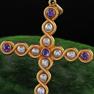 Antique Art Nouveau 18K Yellow Gold Amethyst and Pearl Cross Pendant