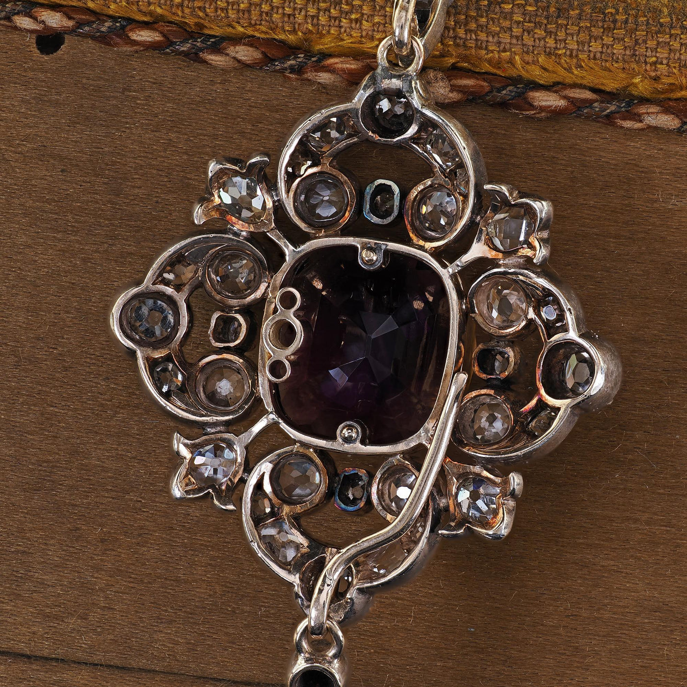 Antique Victorian 18K Yellow Gold and Silver Old Mine Diamond Amethyst Pendant