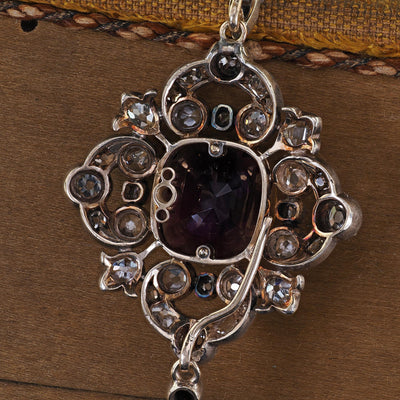 Antique Victorian 18K Yellow Gold and Silver Old Mine Diamond Amethyst Pendant