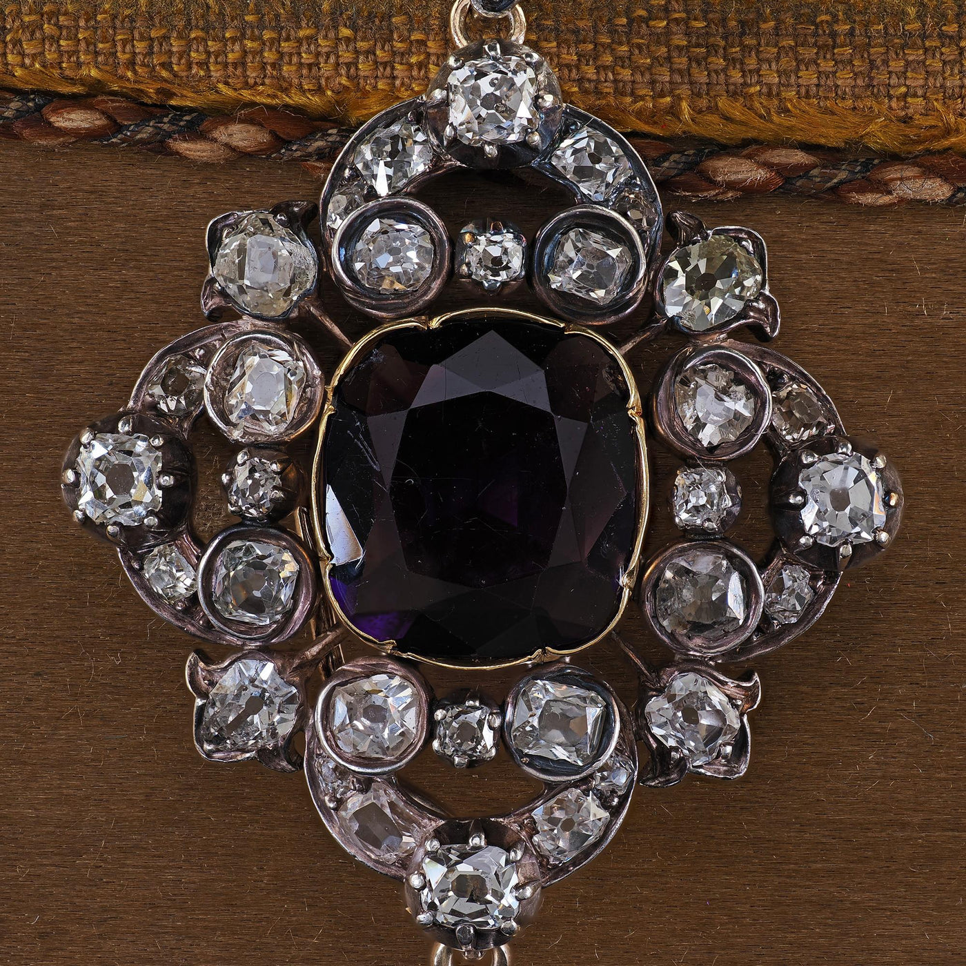 Antique Victorian 18K Yellow Gold and Silver Old Mine Diamond Amethyst Pendant