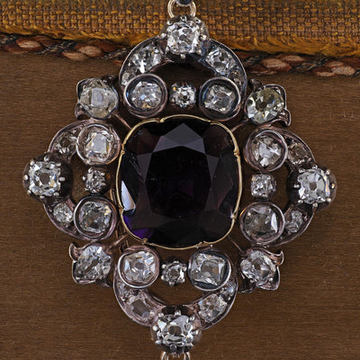 Antique Victorian 18K Yellow Gold and Silver Old Mine Diamond Amethyst Pendant