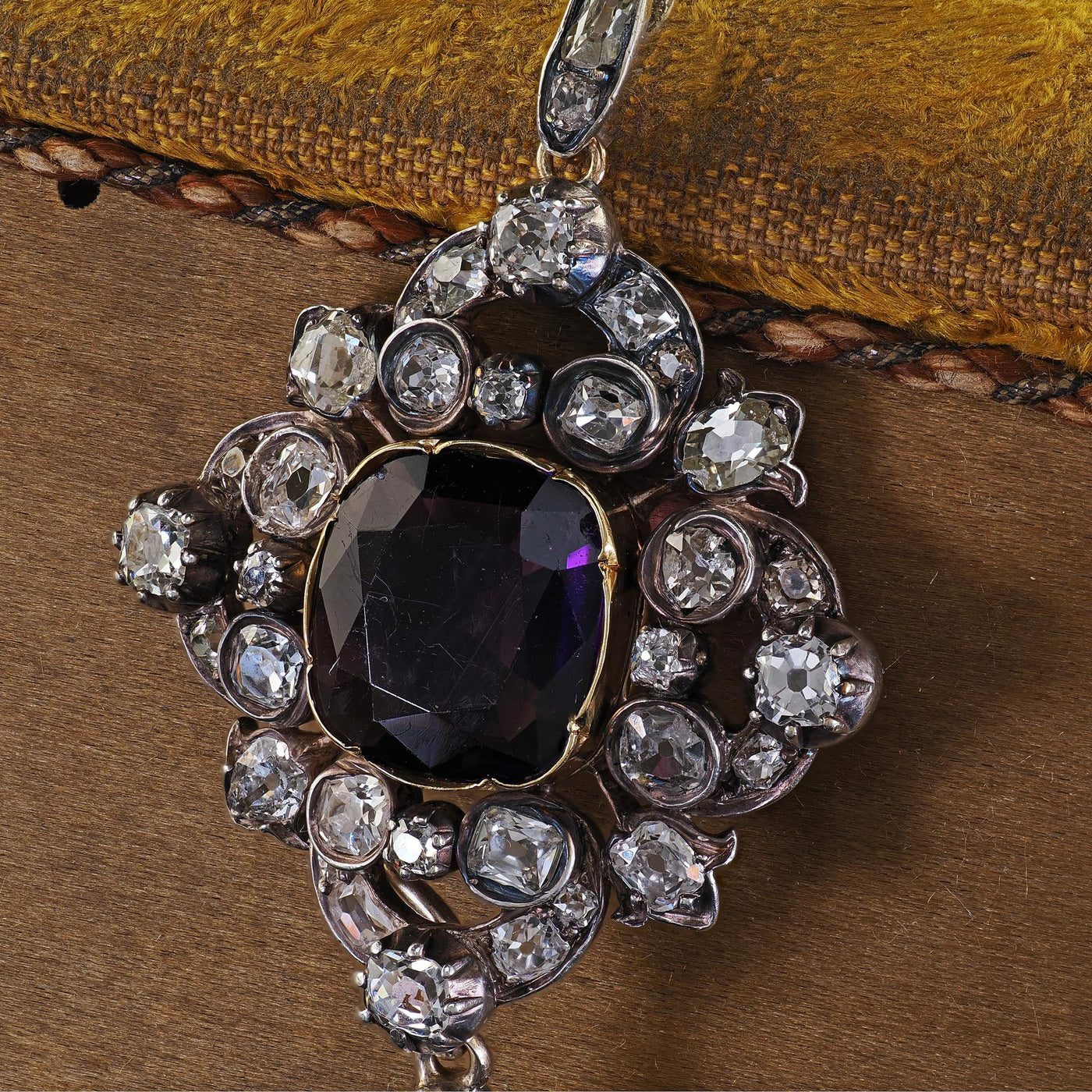 Antique Victorian 18K Yellow Gold and Silver Old Mine Diamond Amethyst Pendant