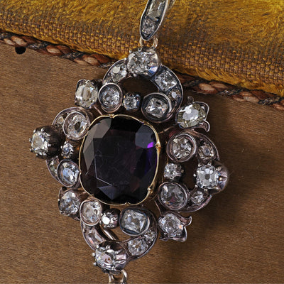 Antique Victorian 18K Yellow Gold and Silver Old Mine Diamond Amethyst Pendant