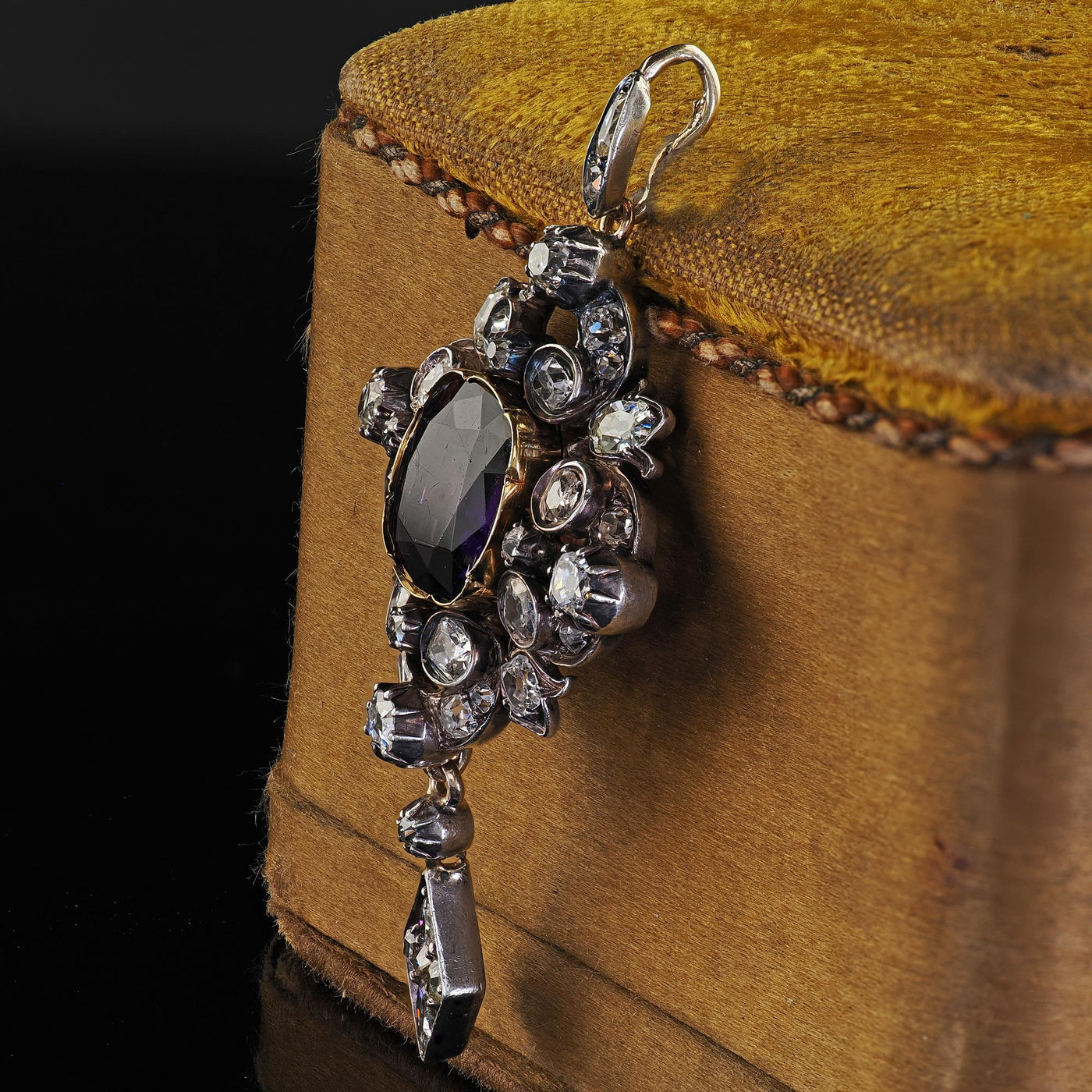 Antique Victorian 18K Yellow Gold and Silver Old Mine Diamond Amethyst Pendant