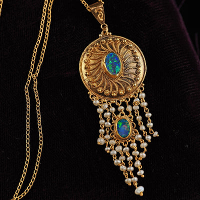 Antique Arts & Crafts 14K Yellow Gold Opal and Seed Pearl Drop Pendant Necklace