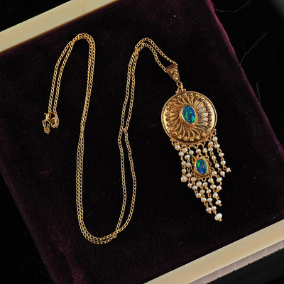 Antique Arts & Crafts 14K Yellow Gold Opal and Seed Pearl Drop Pendant Necklace