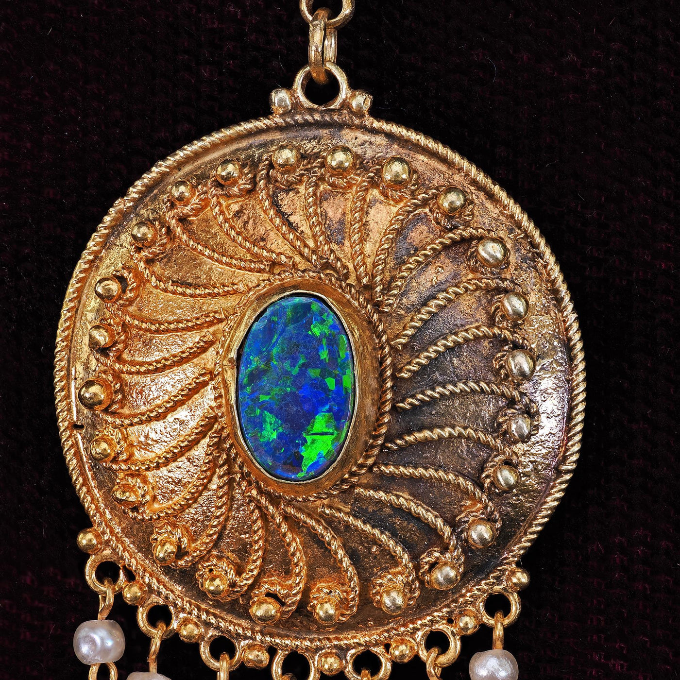 Antique Arts & Crafts 14K Yellow Gold Opal and Seed Pearl Drop Pendant Necklace