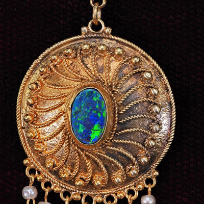 Antique Arts & Crafts 14K Yellow Gold Opal and Seed Pearl Drop Pendant Necklace