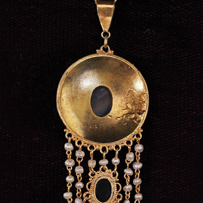 Antique Arts & Crafts 14K Yellow Gold Opal and Seed Pearl Drop Pendant Necklace