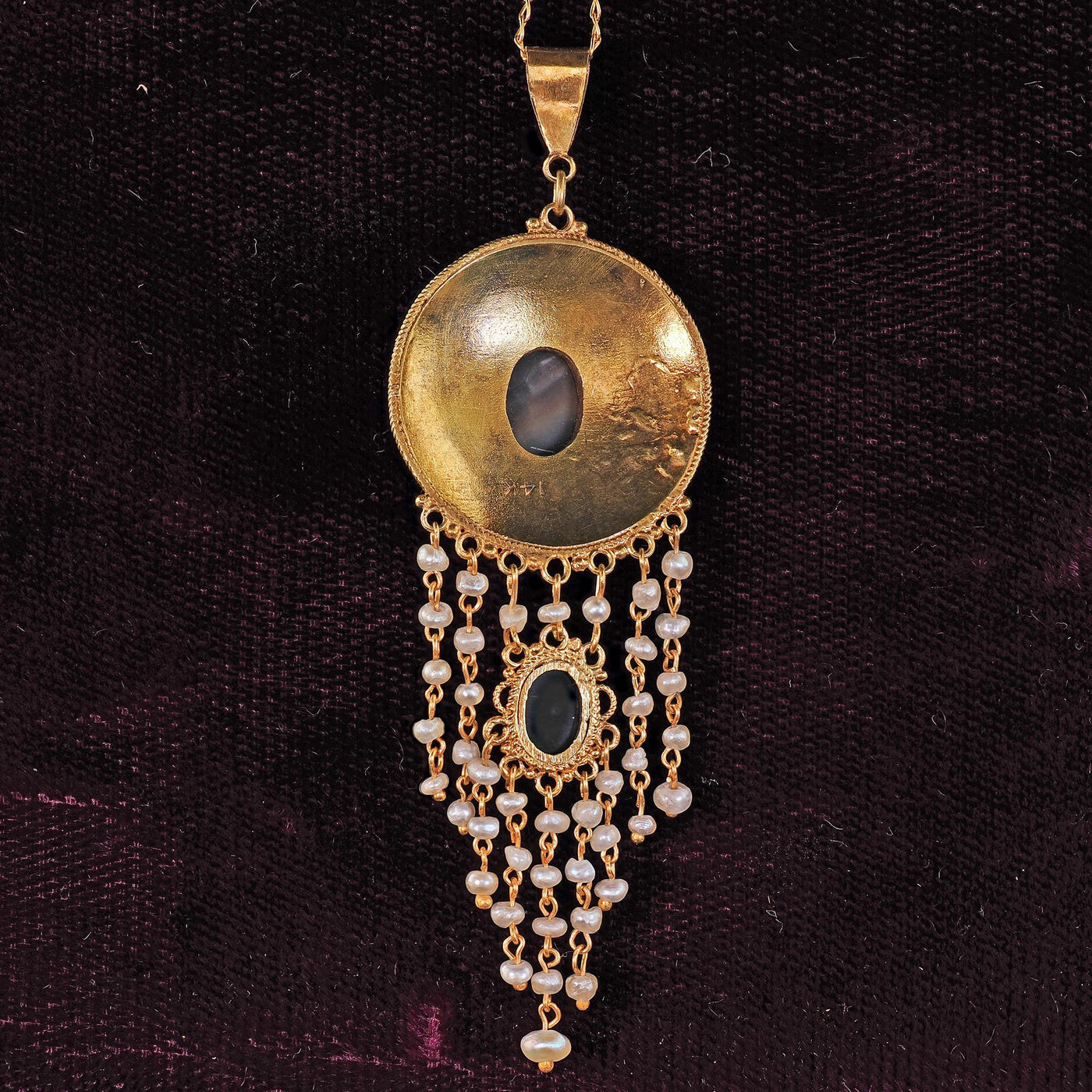 Antique Arts & Crafts 14K Yellow Gold Opal and Seed Pearl Drop Pendant Necklace