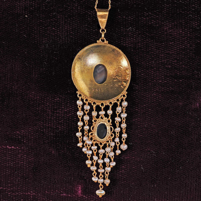 Antique Arts & Crafts 14K Yellow Gold Opal and Seed Pearl Drop Pendant Necklace