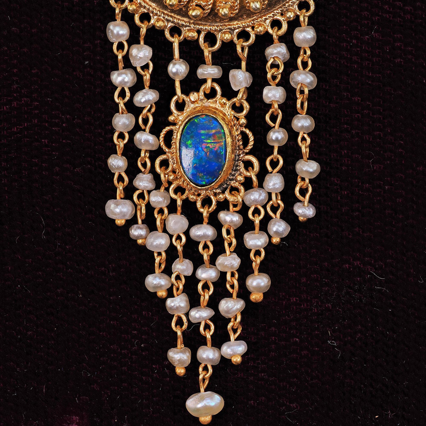 Antique Arts & Crafts 14K Yellow Gold Opal and Seed Pearl Drop Pendant Necklace