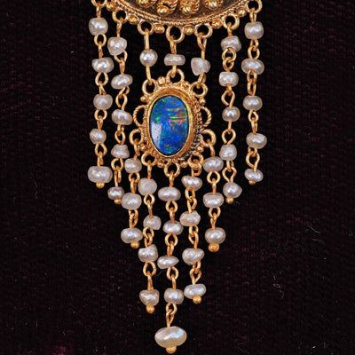 Antique Arts & Crafts 14K Yellow Gold Opal and Seed Pearl Drop Pendant Necklace