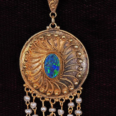 Antique Arts & Crafts 14K Yellow Gold Opal and Seed Pearl Drop Pendant Necklace