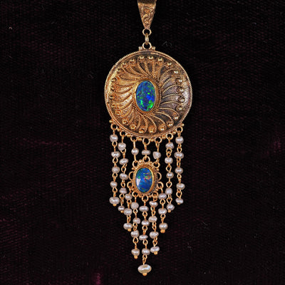 Antique Arts & Crafts 14K Yellow Gold Opal and Seed Pearl Drop Pendant Necklace
