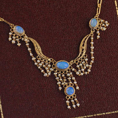 Antique Arts & Crafts 14K Yellow Gold Opal and Seed Pearl Drop Necklace