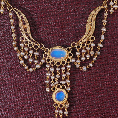 Antique Arts & Crafts 14K Yellow Gold Opal and Seed Pearl Drop Necklace