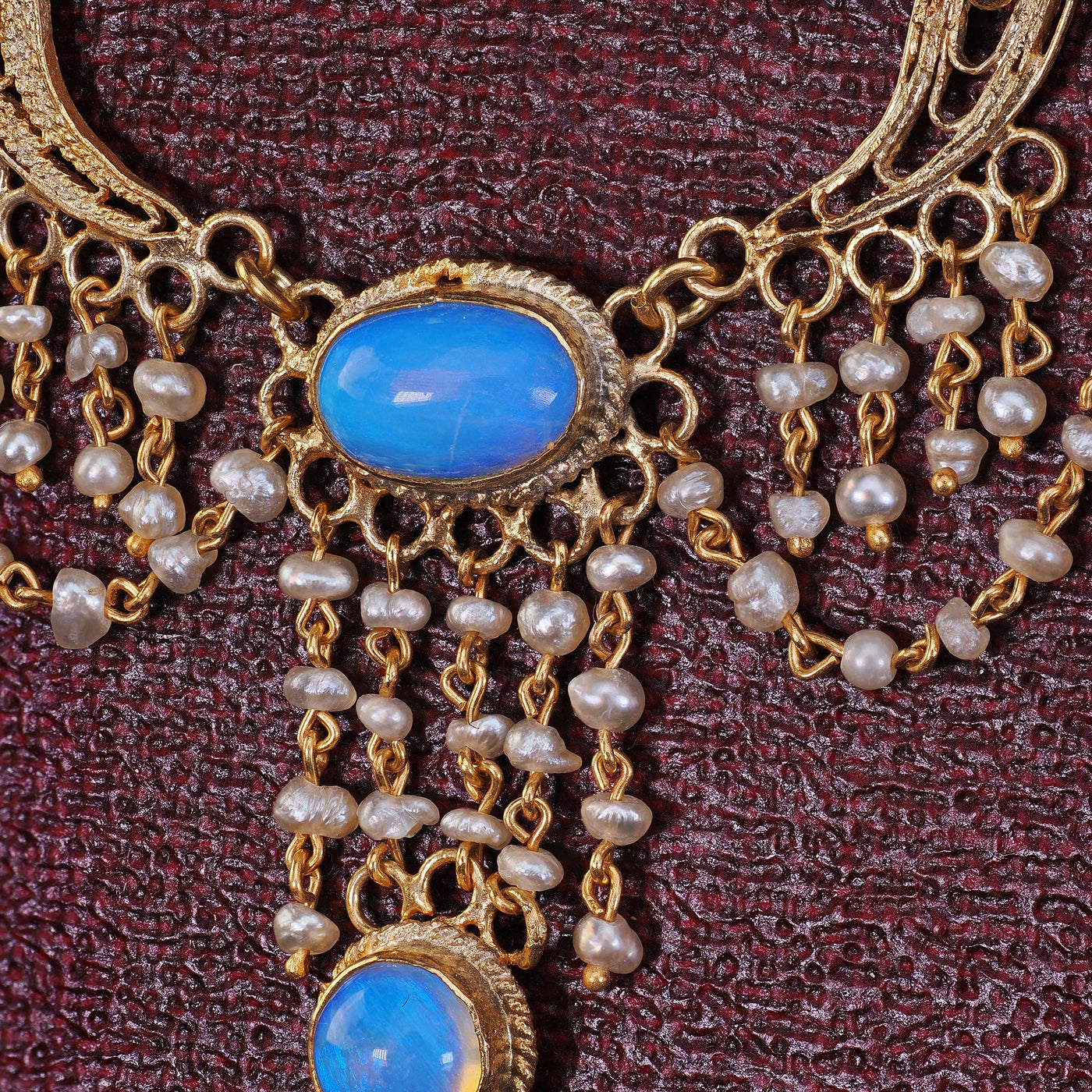 Antique Arts & Crafts 14K Yellow Gold Opal and Seed Pearl Drop Necklace