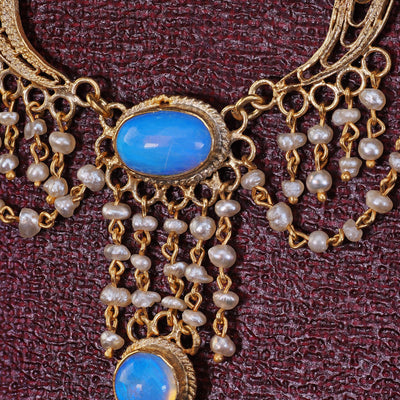 Antique Arts & Crafts 14K Yellow Gold Opal and Seed Pearl Drop Necklace