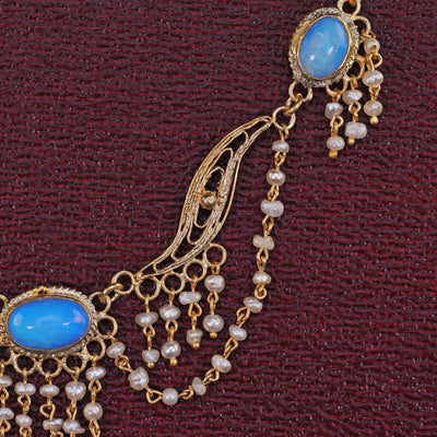 Antique Arts & Crafts 14K Yellow Gold Opal and Seed Pearl Drop Necklace