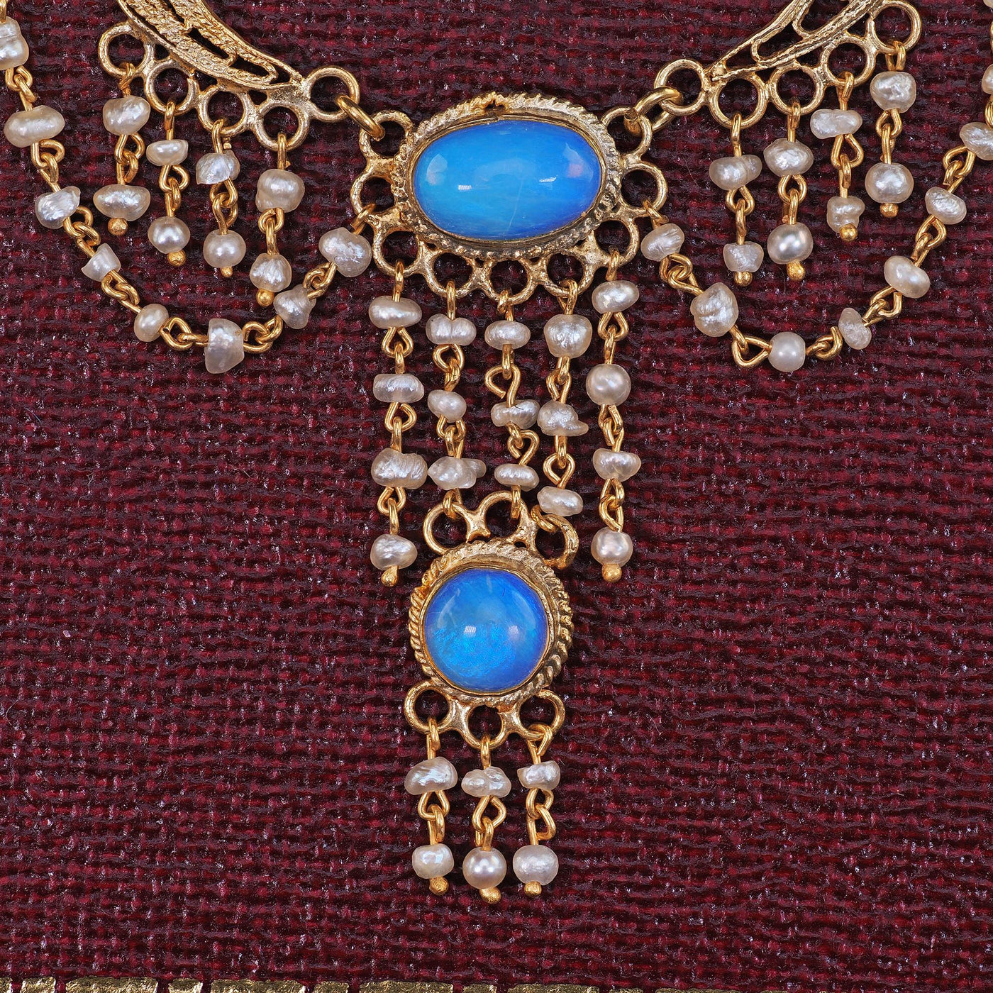 Antique Arts & Crafts 14K Yellow Gold Opal and Seed Pearl Drop Necklace