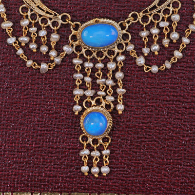 Antique Arts & Crafts 14K Yellow Gold Opal and Seed Pearl Drop Necklace