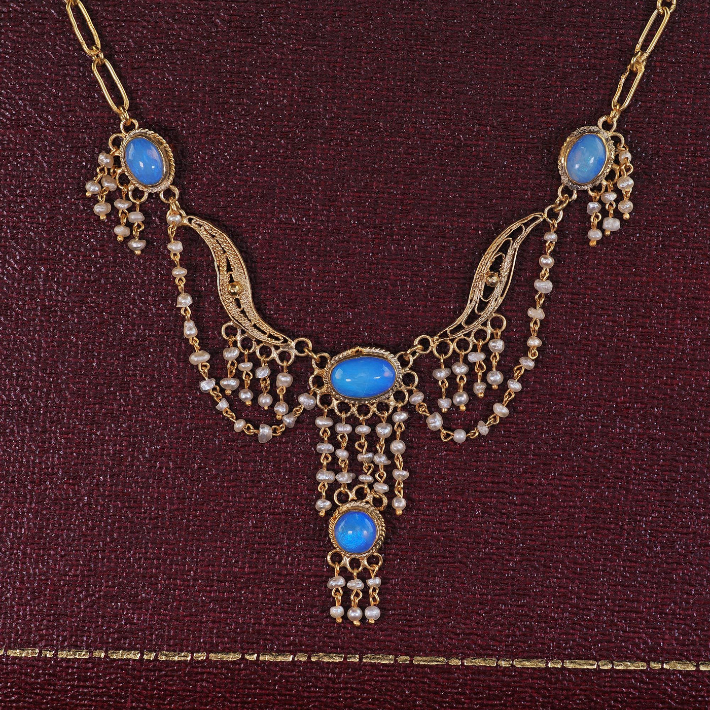 Antique Arts & Crafts 14K Yellow Gold Opal and Seed Pearl Drop Necklace