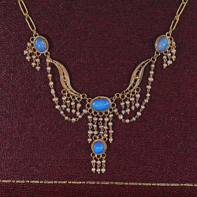 Antique Arts & Crafts 14K Yellow Gold Opal and Seed Pearl Drop Necklace