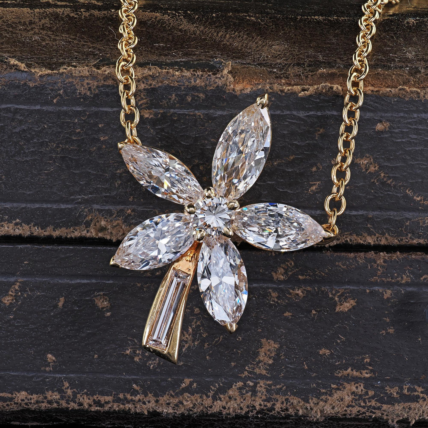 Vintage Estate 18K Yellow Gold Marquise Baguette Diamond Flower Pendant Necklace