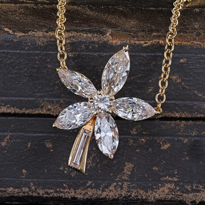 Vintage Estate 18K Yellow Gold Marquise Baguette Diamond Flower Pendant Necklace