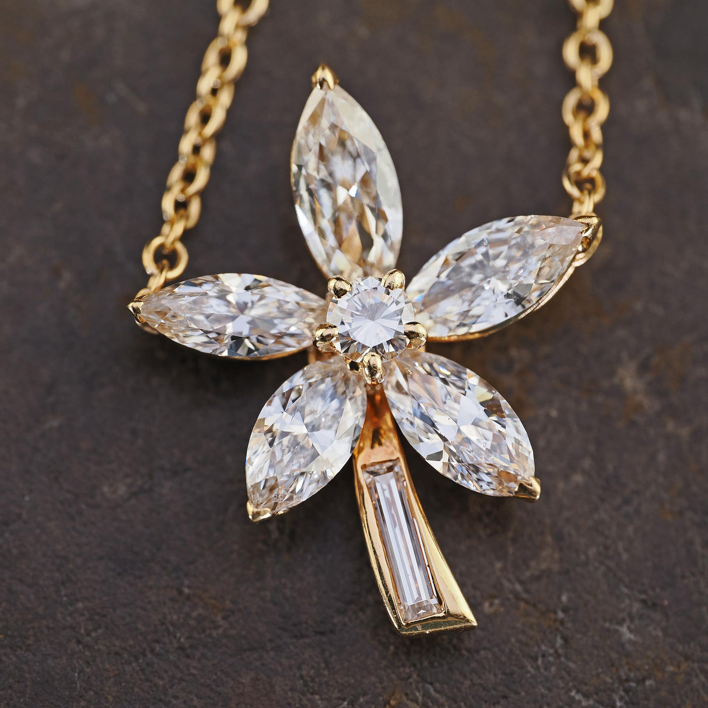 Vintage Estate 18K Yellow Gold Marquise Baguette Diamond Flower Pendant Necklace