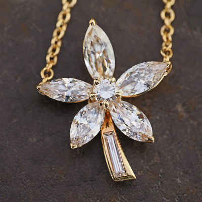 Vintage Estate 18K Yellow Gold Marquise Baguette Diamond Flower Pendant Necklace