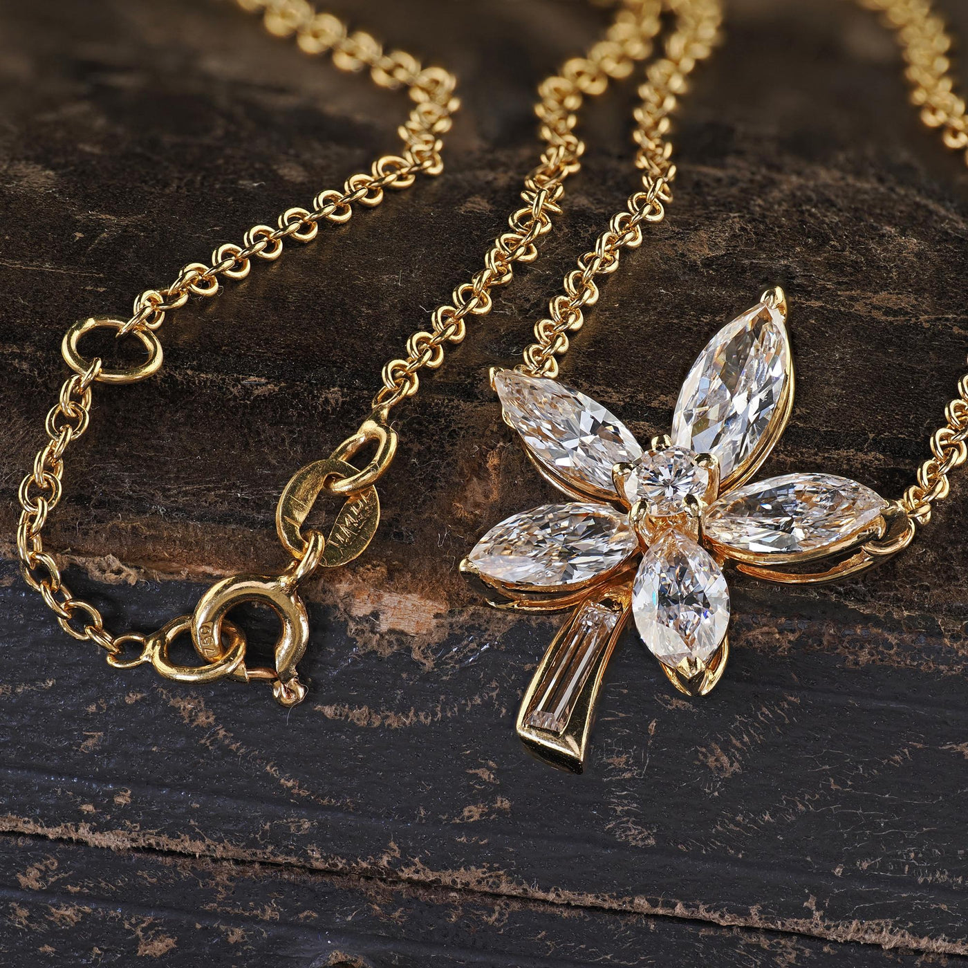 Vintage Estate 18K Yellow Gold Marquise Baguette Diamond Flower Pendant Necklace