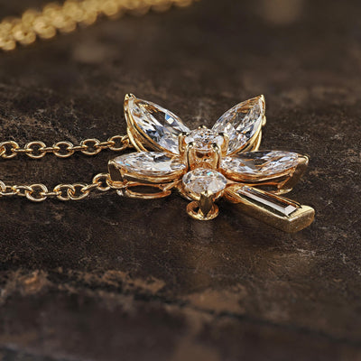 Vintage Estate 18K Yellow Gold Marquise Baguette Diamond Flower Pendant Necklace