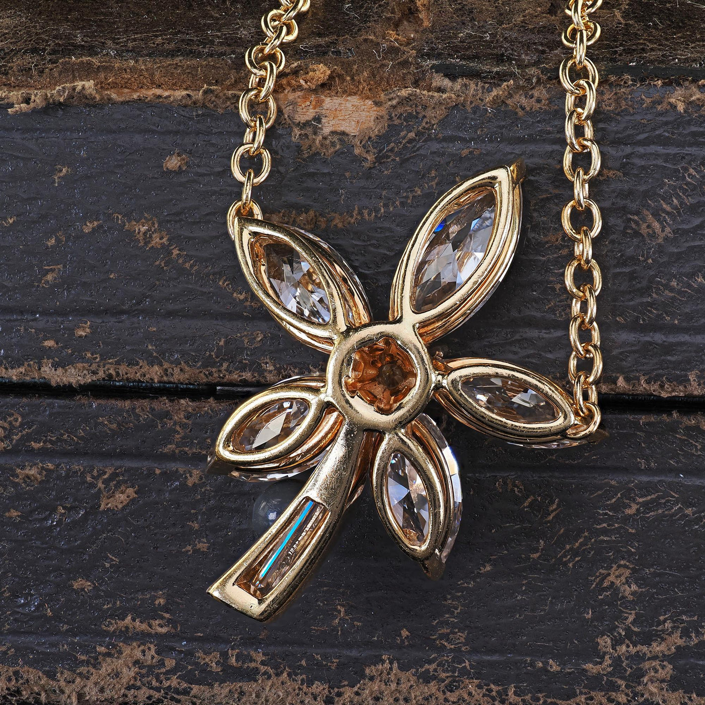 Vintage Estate 18K Yellow Gold Marquise Baguette Diamond Flower Pendant Necklace
