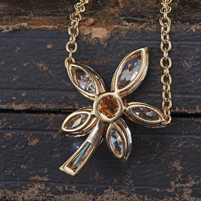 Vintage Estate 18K Yellow Gold Marquise Baguette Diamond Flower Pendant Necklace